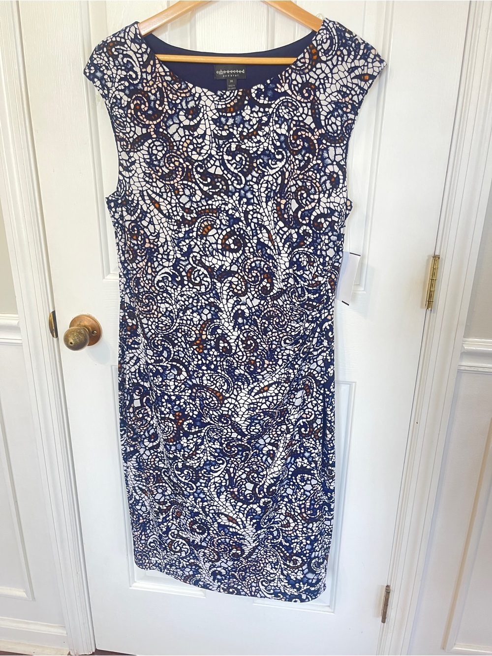 Connected Apparel Size 14 NWT Cap Sleeve Blue Paisley  Ruched Stretchy Dress